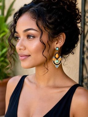 Boho Glam Statement Earrings | Orange, Turquoise & Black Crystal Drop Earrings